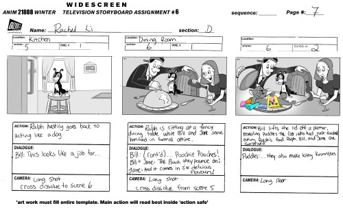 Beat board and story panels for a commercial script “Poochie Pouches”. Last storyboard a