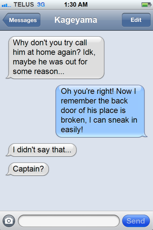 haikyuutexts:  Suga lectured Daichi for sneaking in his house but they ended up smooching. 