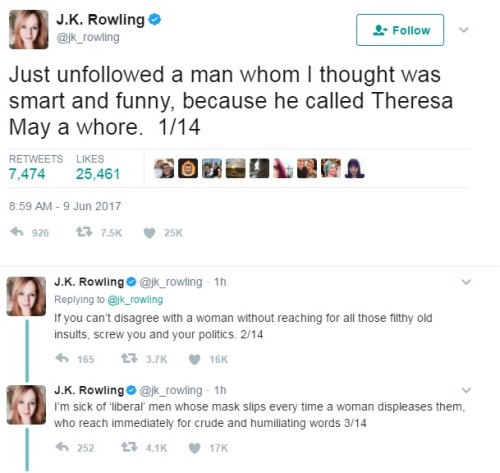 anti-capitalistlesbianwitch:Series of Tweets by J.K. Rowling:Just unfollowed a man whom I though was