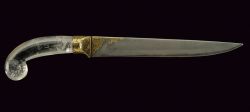 art-of-swords:  Khanjar DaggerDated: late 19th centuryCulture: IndianMedium: steel, iron, rock crystal, goldMeasurements: overall length 30.5 cmThe dagger features a straight, single-edged blade of fine damask, with koftgari gold inlays depicting floral