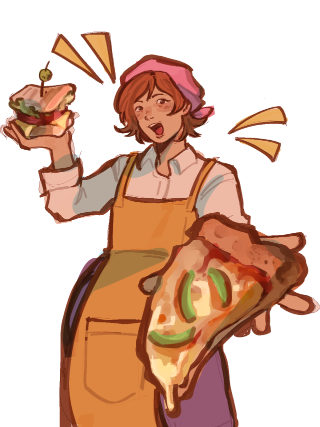 a digital drawing of cooking mama, on one hand she holds a slice of pizza, and on the other a sandwich. she is drawn in a more realistic style than the games.