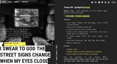 Theme #09 : Spotlight [Preview] Blog. Good for text-heavy blogs.↳ [GITHUB] | [THEME GARDEN]Features: