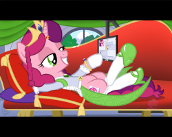Whew. Alright, finally, another pone request from the General. This time around, I was asked to do up Marker Pone as a Princess sitting upon her royal throne. I expanded this idea a little and had her to browse through a New Horse Thread™ on her personal