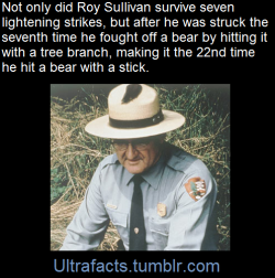 beardsbluntsbroncos:  superjayjay13things:  scourge-of-god:  ultrafacts:    Roy Cleveland Sullivan was a United States park ranger in Shenandoah National Park in Virginia. Between 1942 and 1977, Sullivan was hit by lightning on seven different occasions