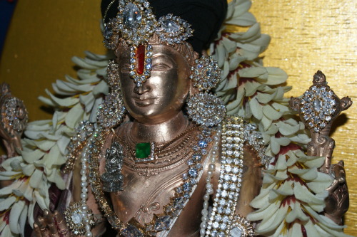 Sri Perumal at Vamana Dvadasi, with Saraswati and ganesha, my household shrine.