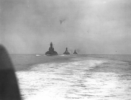 American battleships USS South Dakota, USS Alabama and British battleship HMS Anson at sea. North At