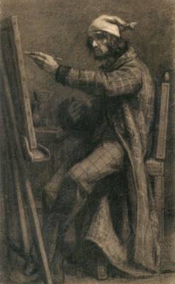 centuriespast:    COURBET, GustaveArtist at His Easel1847-48Black chalk with traces of charcoal on paper, 554 x 335 mmFogg Art Museum, Harvard University, Cambridge  