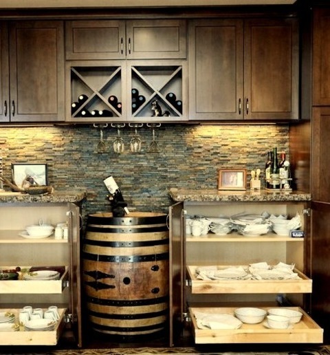 Home Bar - Rustic Home BarMid-sized Rustic Single-wall Wet Bar Idea With A Dark Wood Floor And Brown