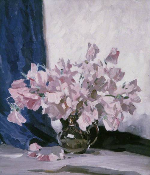 Pink Flowers and Blue Curtain -  Stanley CursiterBritish 1887-1976