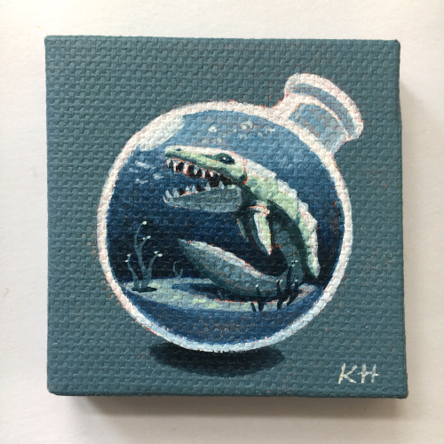 kevanhom:Late post, but here are six 2″x2″ paintings of some prehistoric creatures in bottles for Nucleus Portland’s ‘Microdose 3′ group show in Oregon (August 20th-September 13th 2021) :)Creatures featured are Spinosaurus, Ankylosaurus, Mosasaurus,