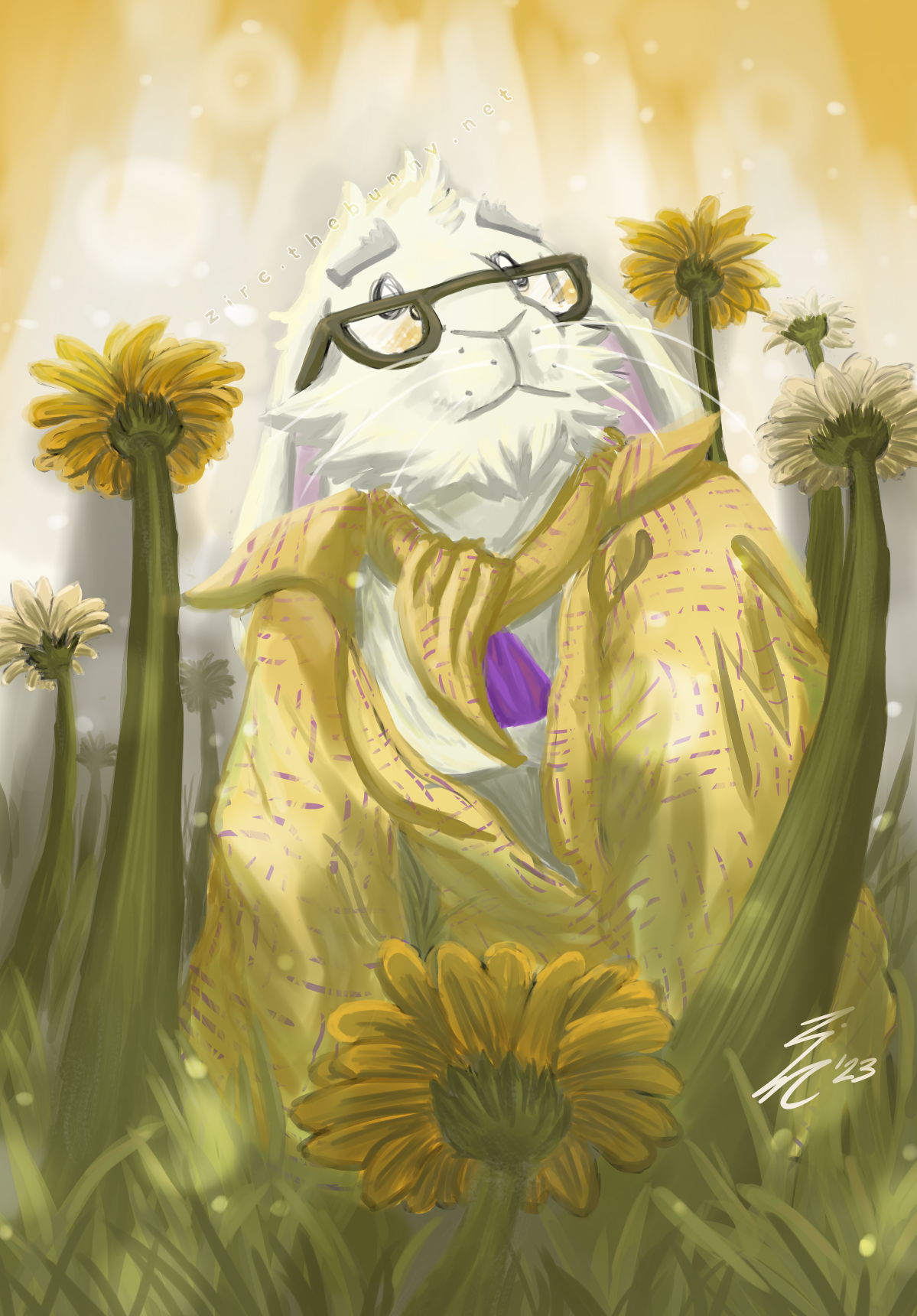 Low-angle perspective painting of an anthro rabbit (Zirc) crouched over some daisies.