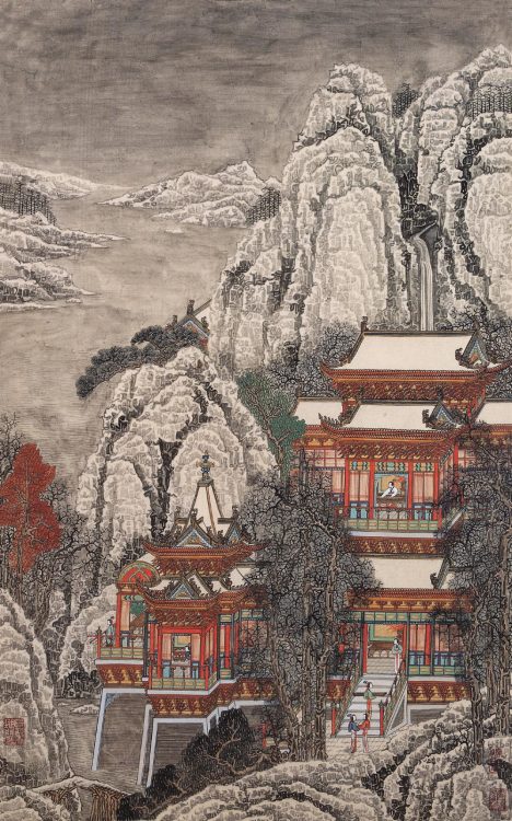 Traditional Chinese painting by 黄秋园Huang Qiuyuan. This type is called Jiehua | 界画 that particularly 