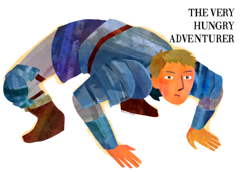 Digital art of Laios from Dungeon Meshi in a parody of The Very Hungry Caterpillar, with the text “The Very Hungry Adventurer” replacing the original title. He is crouched on all fours.