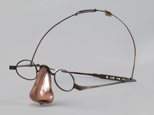 A silver prosthetic nose from the mid-19th century. Syphilis caused the destruction