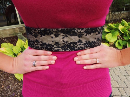 Black Lace Belt is shown here with a maroon sweater but can be worn with just about any color.  It w