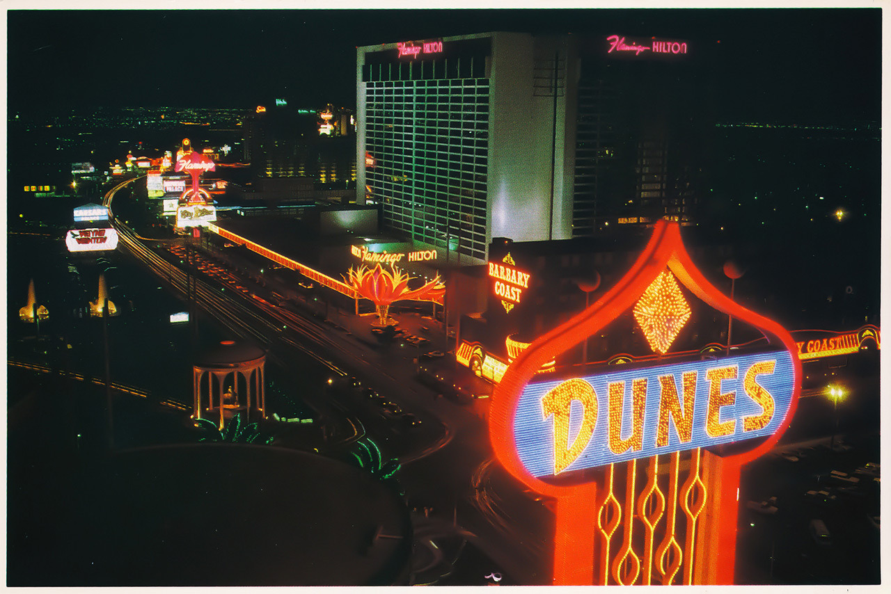Dunes Flamingo Caesars Las Vegas Vintage Strip Casino View Postcard Neon Sign d 