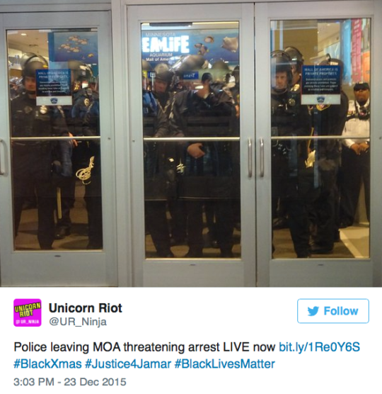 micdotcom:  micdotcom:   Black Lives Matter protesters and police come face to face at the Mall of America and Minneapolis airport The protests were scheduled to take place at the Mall of America in Bloomington, Minnesota, over the police killing of Jamar