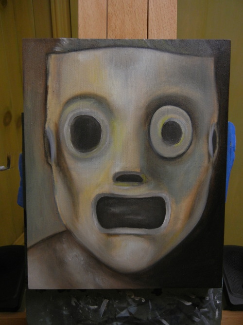 Just finished the underpainting for this portrait of Corey Taylor’s old mask. Painting on a wood pan