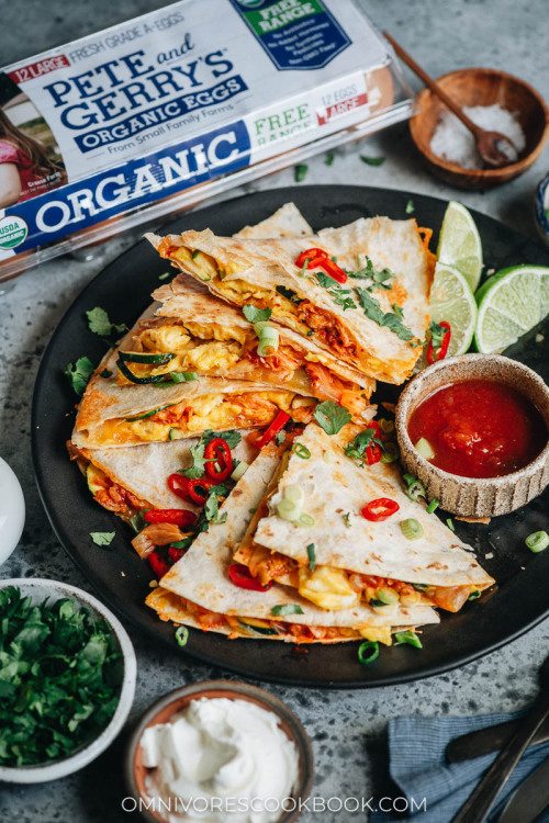 foodffs:  Egg and Kimchi QuesadillaEasy and quick breakfast quesadilla made with scrambled eggs, sauteed kimchi, zucchini, and melty cheese. Recipe =&gt; https://omnivorescookbook.com/egg-and-kimchi-quesadilla/