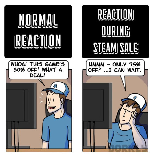 dorkly:  Normal Reactions vs. Reactions During the Steam Sale Autumn Steam Sale 2013 just started and its ready to crush your savings like so many dead crunchy leaves. 