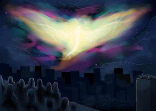 sketch from a dream I had.a giant thing lit up the night sky and proclaimed that it would return whe