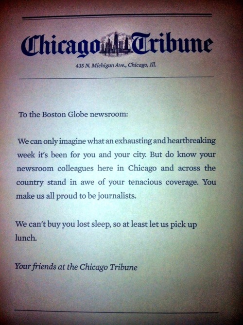 babbleismysuperpower:copperbadge:Today the Chicago Tribune bought the Boston Globe a pizza lunch.Eff