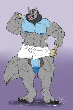 knightinshiningmohawk:  Commission for Binxwerewolf. Humming a catchy tune, Binx emerges after spending close to 45 minutes in a steaming, hot shower. (Being 9 feet, he had to make sure to scrub every inch) And what could make showertime more fun than