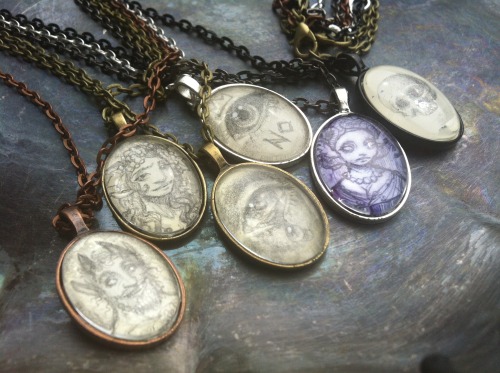 glass cabochon pendants with one of a kind, original drawings. $32