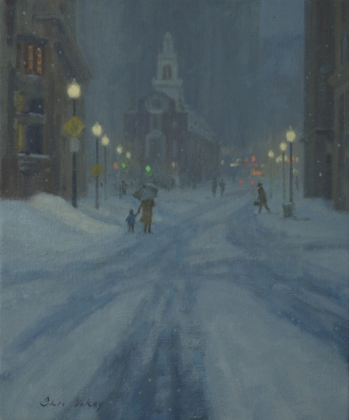 huariqueje:State Street Snowfall   -   Sam VokeyAmerican, b. 1963 -Oil on canvas , 12 x 9 in.