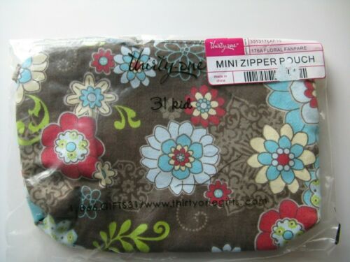 $9.99 ~ NEW Thirty One 31 Mini Zipper Pouch Floral Fanfare fabric bag brown aqua flowers, Handbag Ac