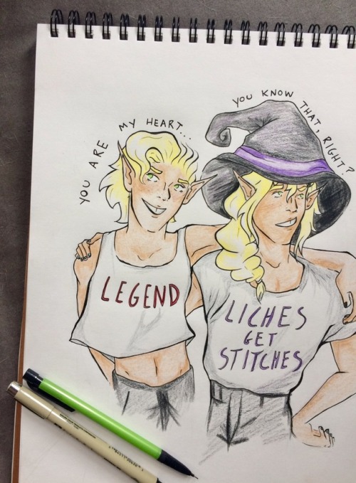 artbyizzi:This relationship gives me a lot of feelings. [ID: a colored pencil drawing of Taako and L