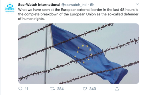 itsnotserious: twitter thread by @seawatch_intl (march, 1st)  What we have seen at the European external border in the last 48 hours is the complete breakdown of the European Union as the so-called defender of human rights. At the Greek-Turkish border,