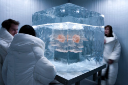 capacity:  Jessica de Boer Sealed is an installation in which an encounter between salt and ice reveals the magical forces of nature. When a ten kg solid salt crystal extracted from a mine in Sicily and a thousand kg block of ice produced in Belgium are