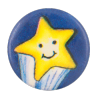 a blue pin with a yellow shooting star in the center, smiling