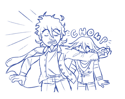 Kokichi chomping on Kaito's gesturing arm. Kaito is looking back at Kokichi, shocked. Kokichi has a happy, sharptoothed grin