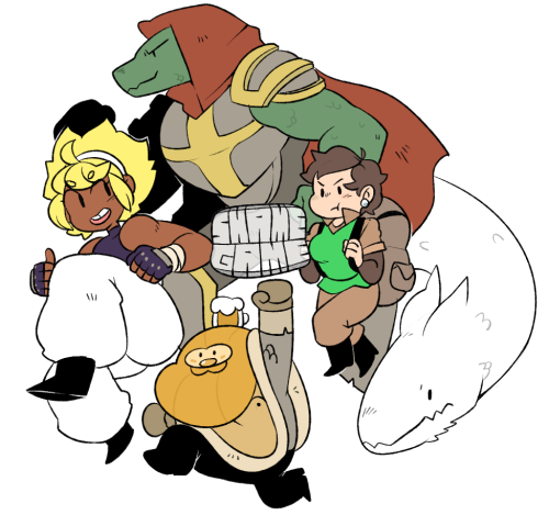 haczeynsfw:  gats:  a quick drawin’ of a d&d group i’m in!! its v fun, i play a spherical imbecile  Hey, it’s my halfling!   A super cute drawing from Gats of our little adventuring party!Multibro plays the huge dragonborn paladin and Water plays