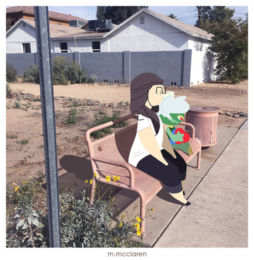 Roserade belongs to Pokemon . Artwork by Meredith McClaren[Description: A photo of a bus stop bench.