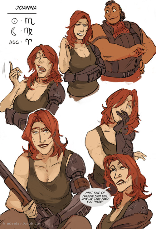 kradeelav: Joanna’s appearing in Iron Crown at some point (cough soon) so I thought it’d be a nice chance to take a swing at these character sheets again! As the patron saint of guns, gold, and gin, she’s the unofficial vodka aunt demon consultant
