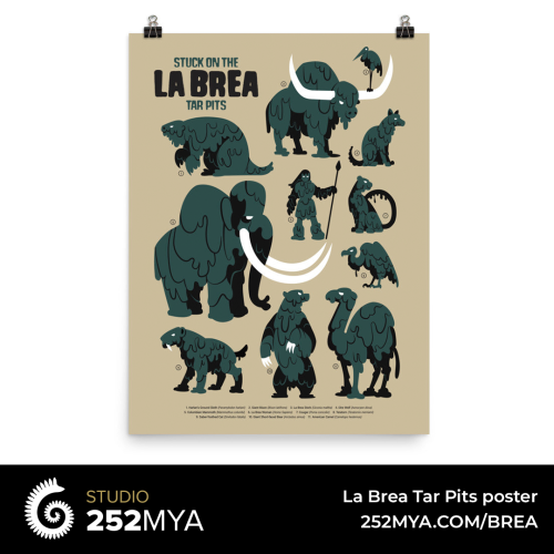 A poster featuring some noteworthy victims of the the La Brea Tar Pits. Mammoths, ground sloths, dir