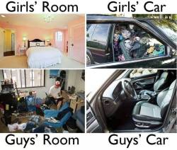 funnyand:  Guys Vs Girls AgainGirl’s Room n Car Vs Guy’s Room n Car!  True