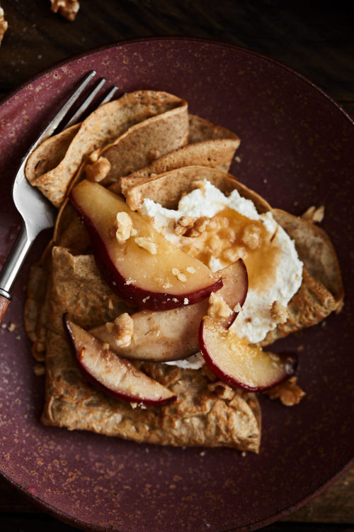 rye crepes with maple butter pears