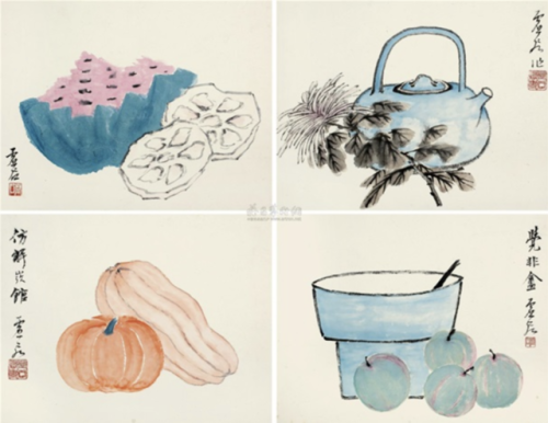 XU GU. 果蔬图 (Vegetable and fruit), four works on paper.