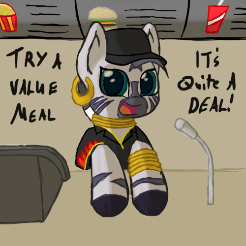 youobviouslyloveoctavia:  So I went to a fast food place recently and saw the first image on their packaging. I thought to myself that’s something Zecora would say and thus, I had to draw her working at a fast food joint. Sketchy style because I was