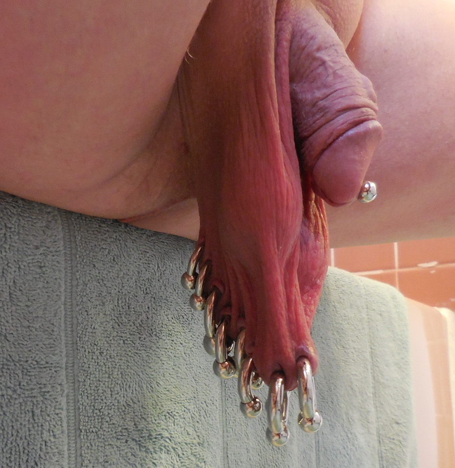 Some shots of a very relaxed scrotum sporting eight rings/barbells, from 6 gauge