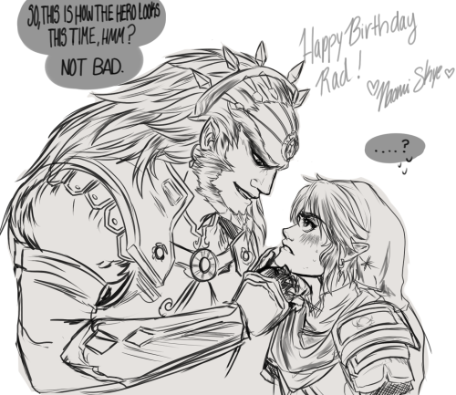 lightsintheskye:  Happy happy birthdayyy to Rad<33 Everyone go tell Xradiosity it’s their birthday today~! I drew her some Ganlink with the HW babs~ I imagine Link is very confused with nearly everything Ganon says to him. There’s another little