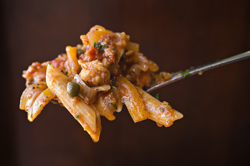 Lemony Chicken “Picca-Tore” Pasta with Tomatoes, Yellow Bell Peppers, Onions, Garlic and Capers with