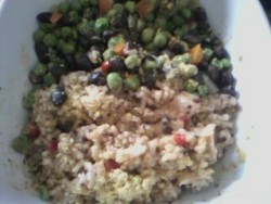 dinner: brown rice+quinoa with mushrooms and sundried tomatoes. &ldquo;warm protein salad&rdquo; peas and blackbeans with onions and peppers I made a thing. it was delicious 