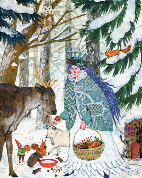 phoebewahl:Lady Winter, created for the Taproot 2015 calendar. Watercolor, collage, colored pencil.P