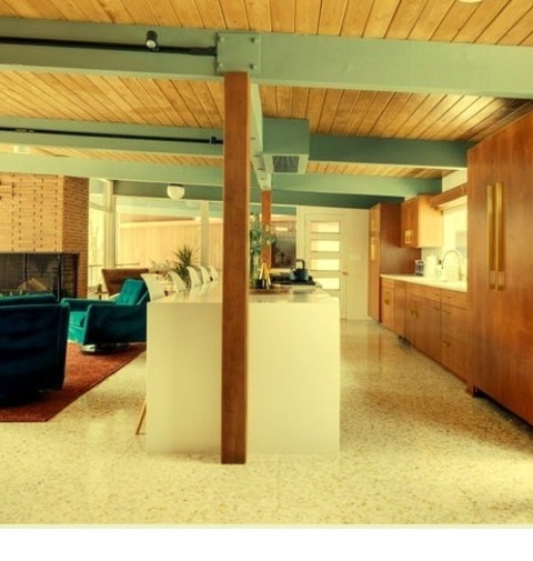 Kitchen Dining A Mid-sized 1950s Eat-in Kitchen Design Example Features A Terrazzo Floor, A White Floor,