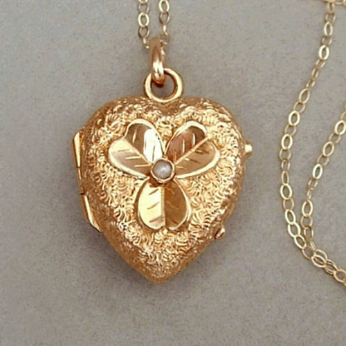 14K GOLD Antique Victorian Heart LOCKET Seed Pearl, Shamrock, Crystal Covers, 14K Chain c.1870s, Val